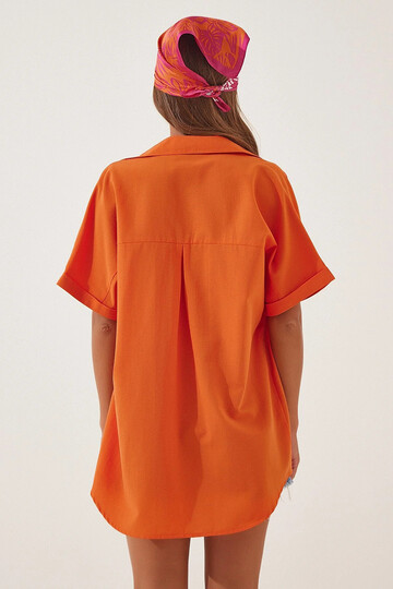 Kadın Oranj Oversize Uzun Kısa Kollu Basic Poplin Gömlek HZL22S-BD1201201
