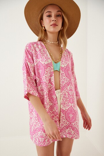 Kadın Pembe Baskılı Düşük Kol Viskon Kimono HZL22S-BD158631