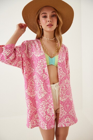 Kadın Pembe Baskılı Düşük Kol Viskon Kimono HZL22S-BD158631