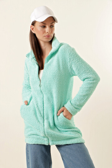 Kadın Su Yeşili Fermuarlı Uzun Rahat Peluş Sweatshirt HZL23W-BD1553871