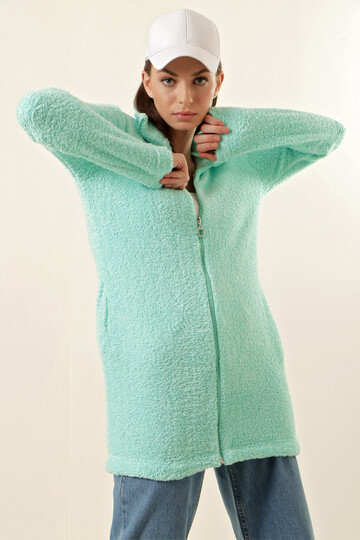 Kadın Su Yeşili Fermuarlı Uzun Rahat Peluş Sweatshirt HZL23W-BD1553871