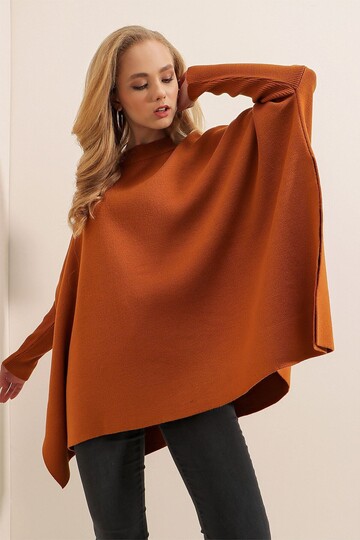 Kadın Taba Oversize Yırtmaçlı Panço Triko Kazak  HZL23W-BD1100761