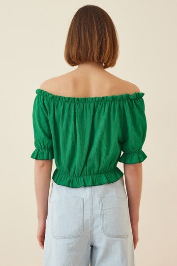 Kadın Yeşil Carmen Yaka Bel-Yaka Büzgülü Crop Bluz HZL22S-BD104281