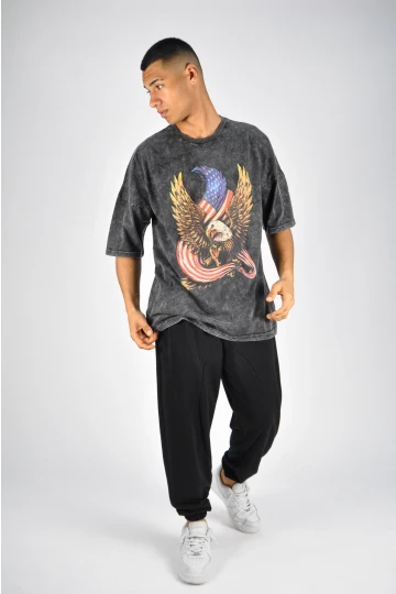 Erkek Antrasit Bisiklet Yaka Kartal Baskılı  Oversize Örme T-shirt HZL23S-MXC130131