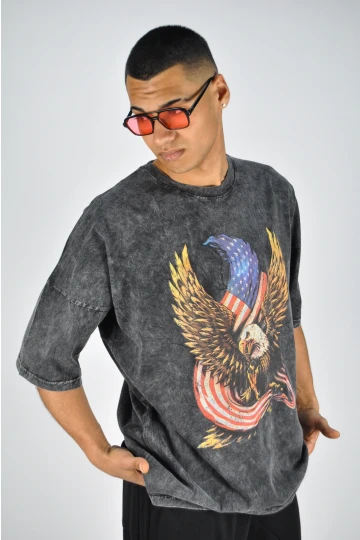 Erkek Antrasit Bisiklet Yaka Kartal Baskılı  Oversize Örme T-shirt HZL23S-MXC130131