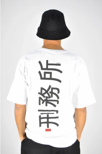 Erkek Beyaz Japonca Yazı Baskılı Oversize Örme T-shirt HZL23S-MXC130051