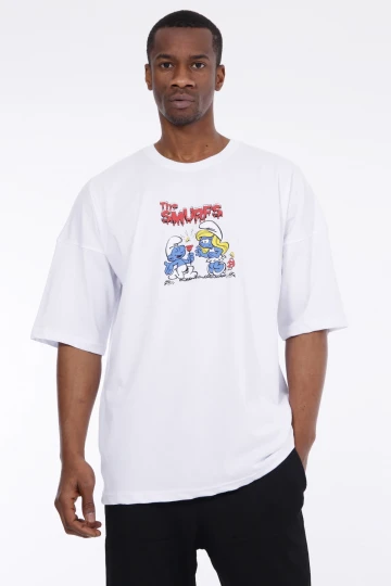 Erkek Beyaz Şirinler Baskılı Oversize Örme T-shirt HZL23S-MXC130031