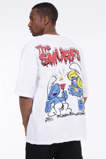 Erkek Beyaz Şirinler Baskılı Oversize Örme T-shirt HZL23S-MXC130031