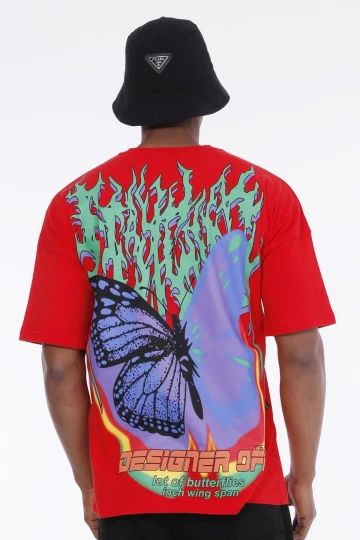 Erkek Kırmızı BUTTERFLY Yazı Baskılı Oversize Örme T-shirt HZL23S-MXC130091