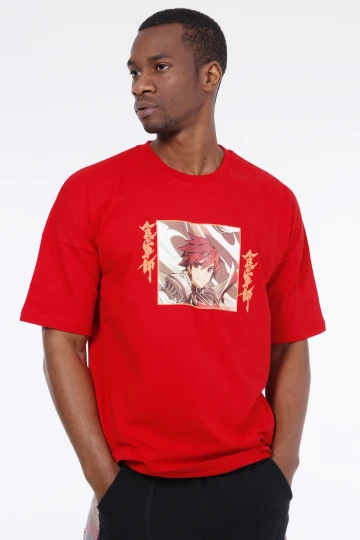 Erkek Kırmızı Çizgi Karakteri Baskılı Oversize Örme T-shirt HZL23S-MXC130101