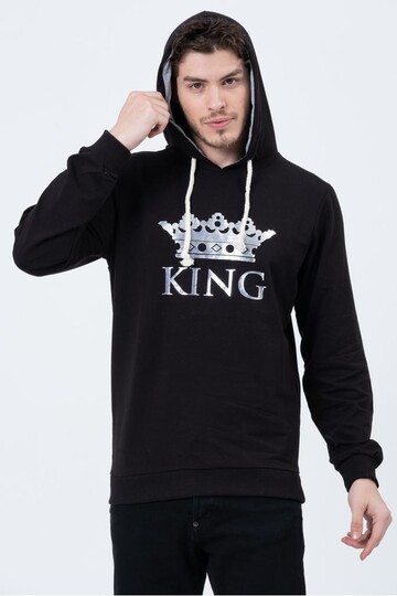 Erkek Siyah King Tacı Baskılı Kapüşonlu Oversize Sweatshirt  HZL23W-SR120031