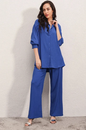 Hazelin Kadın SaksMavi Oversize Alt-Üst İkili Örme Takım HZL23W-BD158581