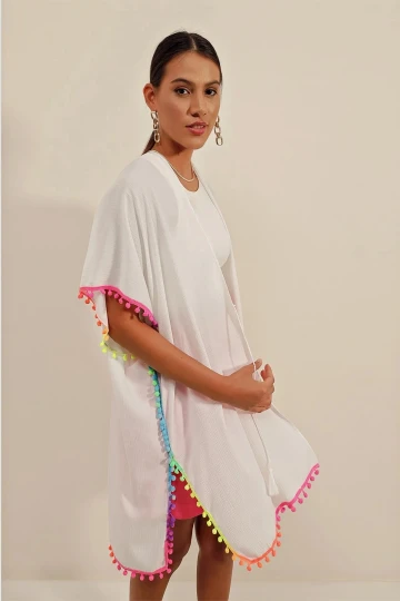 Kadın Beyaz Önü İp Bağcıklı Renk Detaylı Oversize Kimono HZL23S-BD158991