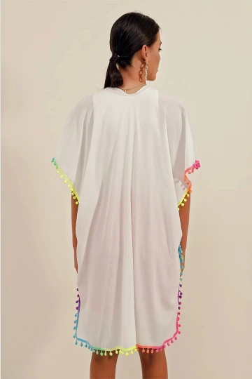 Kadın Beyaz Önü İp Bağcıklı Renk Detaylı Oversize Kimono HZL23S-BD158991
