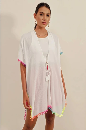 Kadın Beyaz Önü İp Bağcıklı Renk Detaylı Oversize Kimono HZL23S-BD158991