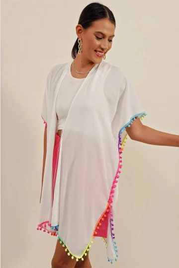 Kadın Beyaz Önü İp Bağcıklı Renk Detaylı Oversize Kimono HZL23S-BD158991
