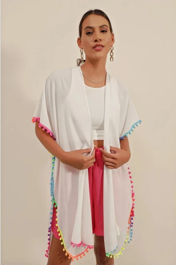 Kadın Beyaz Önü İp Bağcıklı Renk Detaylı Oversize Kimono HZL23S-BD158991