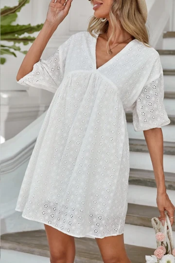 Kadın Beyaz Oversize V yaka  Fistolu Kloş Mini Elbise HZL23S-BD124011