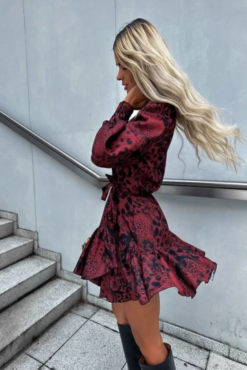 Kadın Bordo Ayarlanabilir İpli Bel Moss Crep Kumaş Dijital Baskı V Yaka Elbise HZL24S-BD121291
