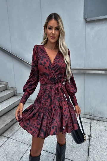 Kadın Bordo Ayarlanabilir İpli Bel Moss Crep Kumaş Dijital Baskı V Yaka Elbise HZL24S-BD121291