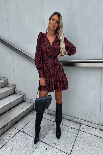 Kadın Bordo Ayarlanabilir İpli Bel Moss Crep Kumaş Dijital Baskı V Yaka Elbise HZL24S-BD121291