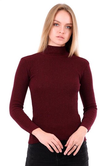 Kadın Bordo Boğazlı Fitilli Triko Kazak HZL22W-H100011