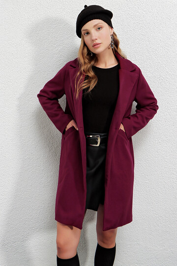 Kadın Bordo Tek Düğmeli Çift Cepli Astarlı Şık Kaşe Kaban HZL23W-BD190851