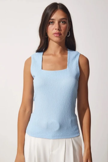Kadın Buz Mavi Kare Yaka Örme Bluz HZL23S-BD104761