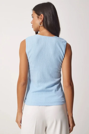 Kadın Buz Mavi Kare Yaka Örme Bluz HZL23S-BD104761