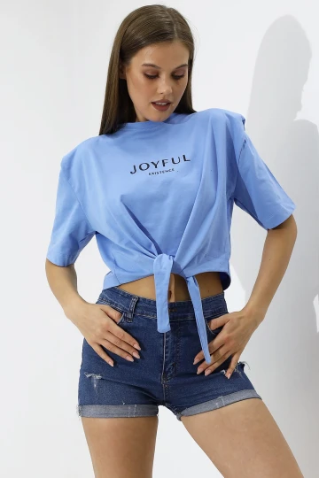 Kadın Buz Mavi Yazı Baskılı Oversize Vatkalı  Bel Detay Örme T-Shirt  HZL23S-DSB120231