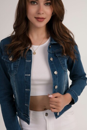 Kadın Denim Crop Cepli Kot Ceket HZL22W-BD106501