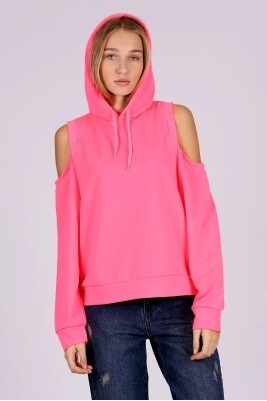 Kadın Fosforlu Pembe Kapüşonlu Pencereli Mevsimlik Sweatshirt HZL22W-BD1237