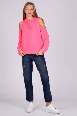 Kadın Fosforlu Pembe Kapüşonlu Pencereli Mevsimlik Sweatshirt HZL22W-BD1237