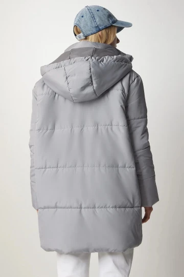 Kadın Gri Kapüşonlu Fermuarlı Oversize Şişme Mont HZL24W-BD151631