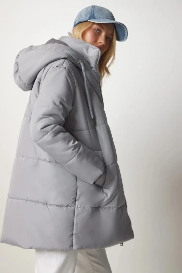 Kadın Gri Kapüşonlu Fermuarlı Oversize Şişme Mont HZL24W-BD151631