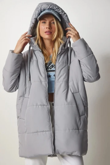 Kadın Gri Kapüşonlu Fermuarlı Oversize Şişme Mont HZL24W-BD151631