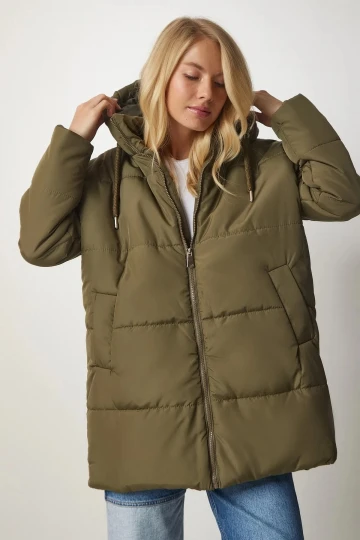 Kadın Haki Kapüşonlu Fermuarlı Oversize Şişme Mont HZL24W-BD151631