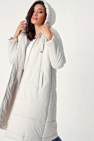 Kadın Ekru Kapşonlu Uzun Oversize Şişme Mont HZL22W-BD151201