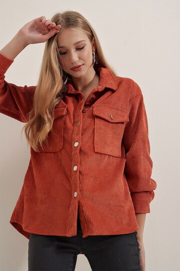 Kadın Kiremit Kadife Hafif Oversize Şık Gömlek HZL23W-BD138651