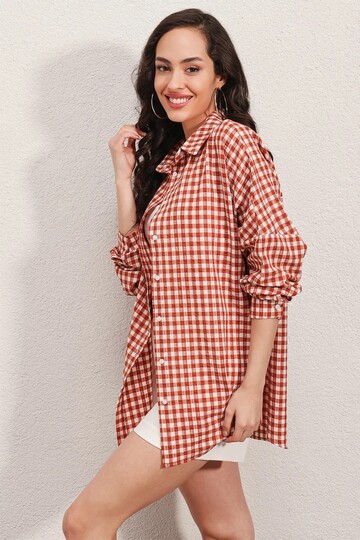 Kadın Kiremit Kareli Oversize Gömlek HZL22W-BD1201451
