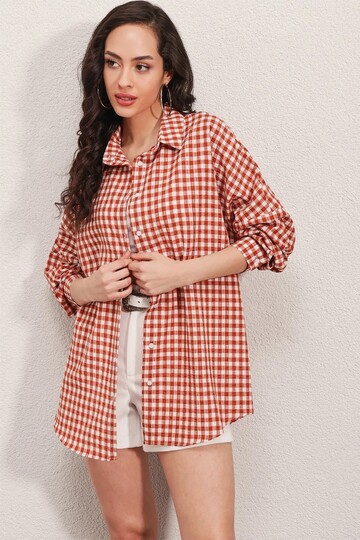 Kadın Kiremit Kareli Oversize Gömlek HZL22W-BD1201451