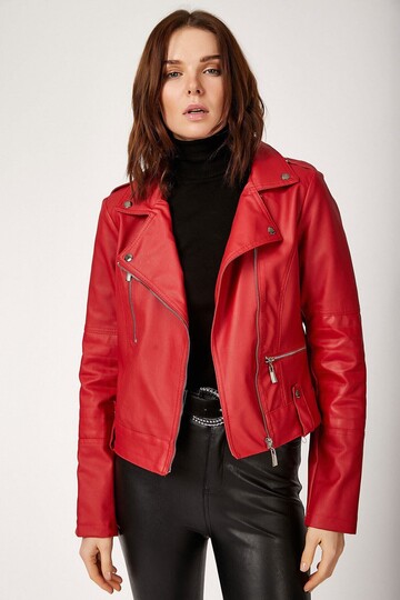 Kadın Kırmızı Kısa Suni Deri Astarlı Biker Ceket HZL22W-BD110251
