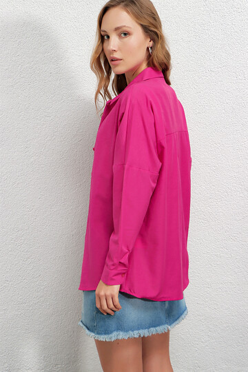 Kadın Koyu Pembe Oversize Uzun Basic Gömlek HZL22W-BD139001