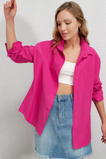 Kadın Koyu Pembe Oversize Uzun Basic Gömlek HZL22W-BD139001