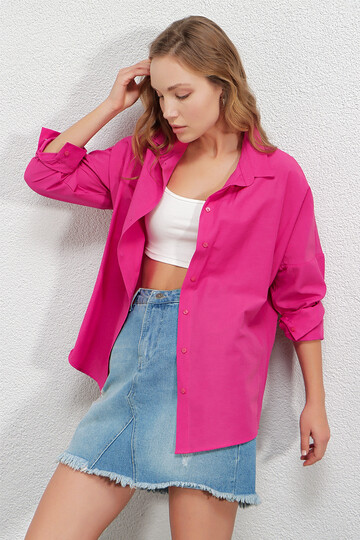 Kadın Koyu Pembe Oversize Uzun Basic Gömlek HZL22W-BD139001