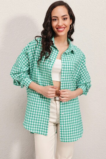 Kadın Koyu Yeşil Kareli Oversize Gömlek HZL22W-BD1201451