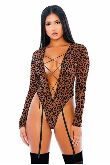 Kadın Leopar Desenli Fantezi Derin Dekolteli Babydoll HZL22W-FD182921