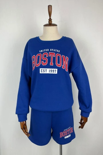 Kadın Mavi 3 İplik Şardonlu Boston Baskılı Şort Sweatshirt Alt Üst Takım  HZL24W-FRY121221