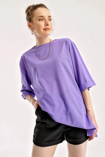 Kadın Mor Bisiklet Yaka Yandan Yırtmaçlı Kolu Katlı Oversize Örme T-Shirt HZL22S-BD143251