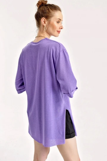 Kadın Mor Bisiklet Yaka Yandan Yırtmaçlı Kolu Katlı Oversize Örme T-Shirt HZL22S-BD143251